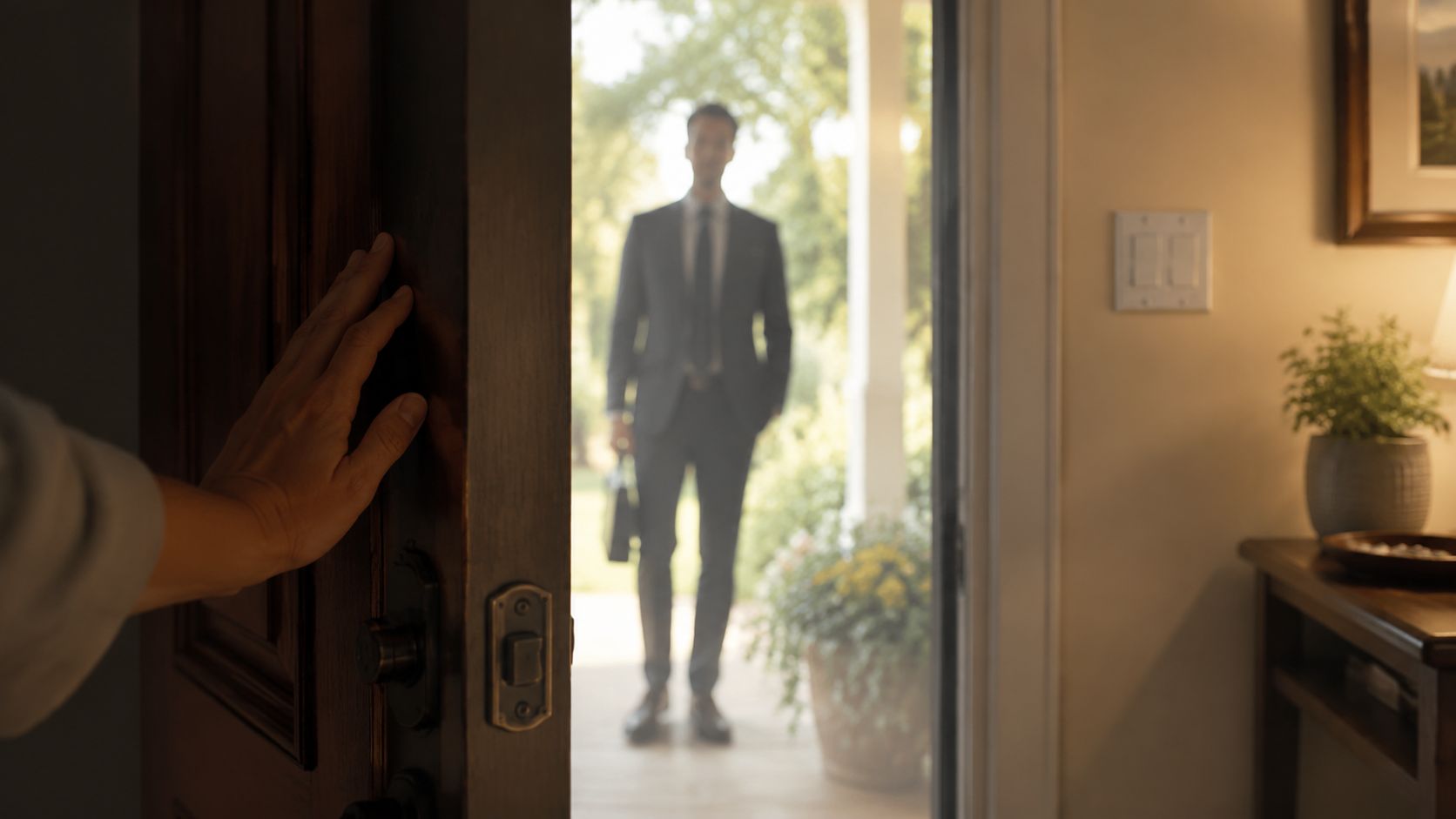 A person opening their front door to greet a man in a professional suit standing outside.