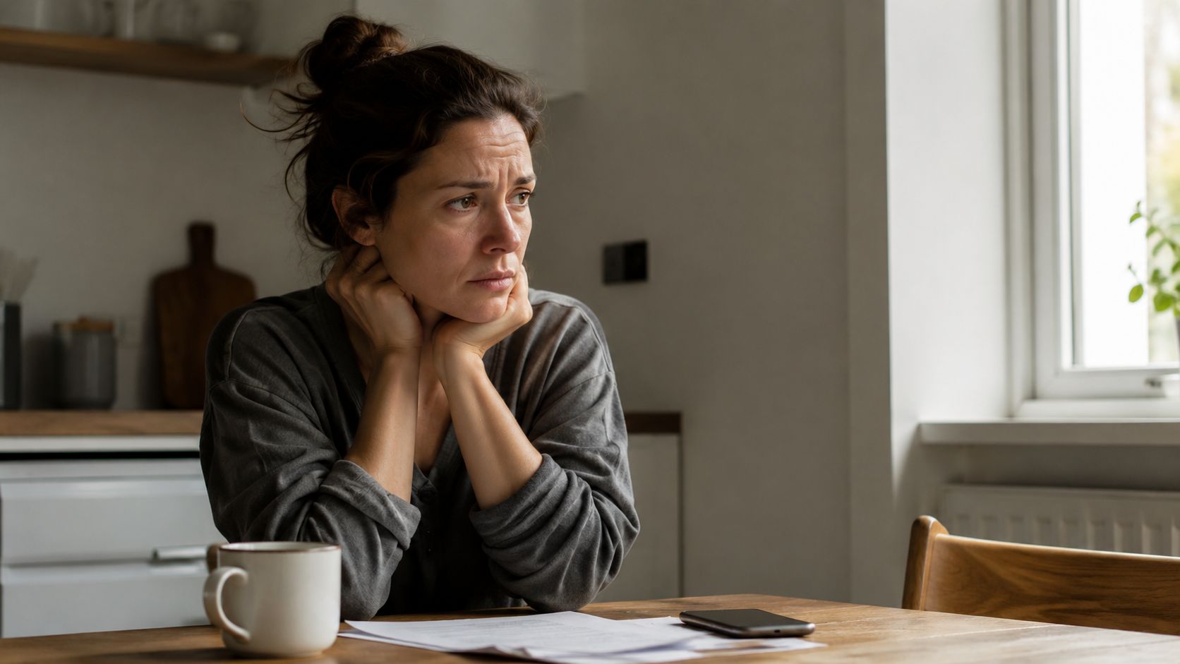 A concerned woman sitting at a kitchen table with paperwork, looking contemplative and worried at home.