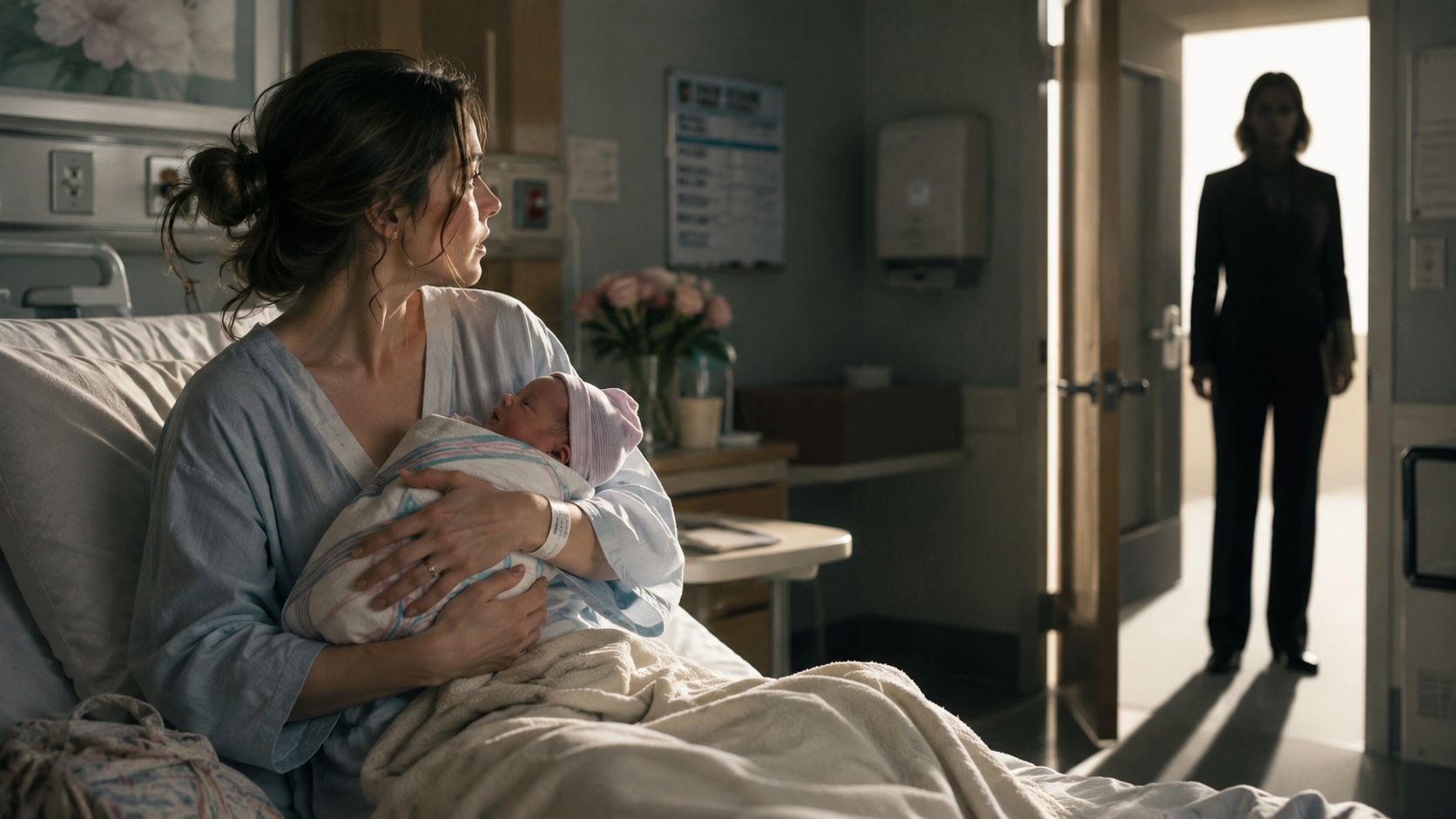 A concerned new mother holds her newborn baby in a hospital bed while a mysterious person waits outside.