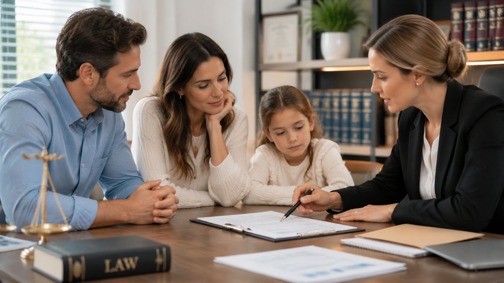 A family consulting with a professional attorney about legal documents in an office setting.