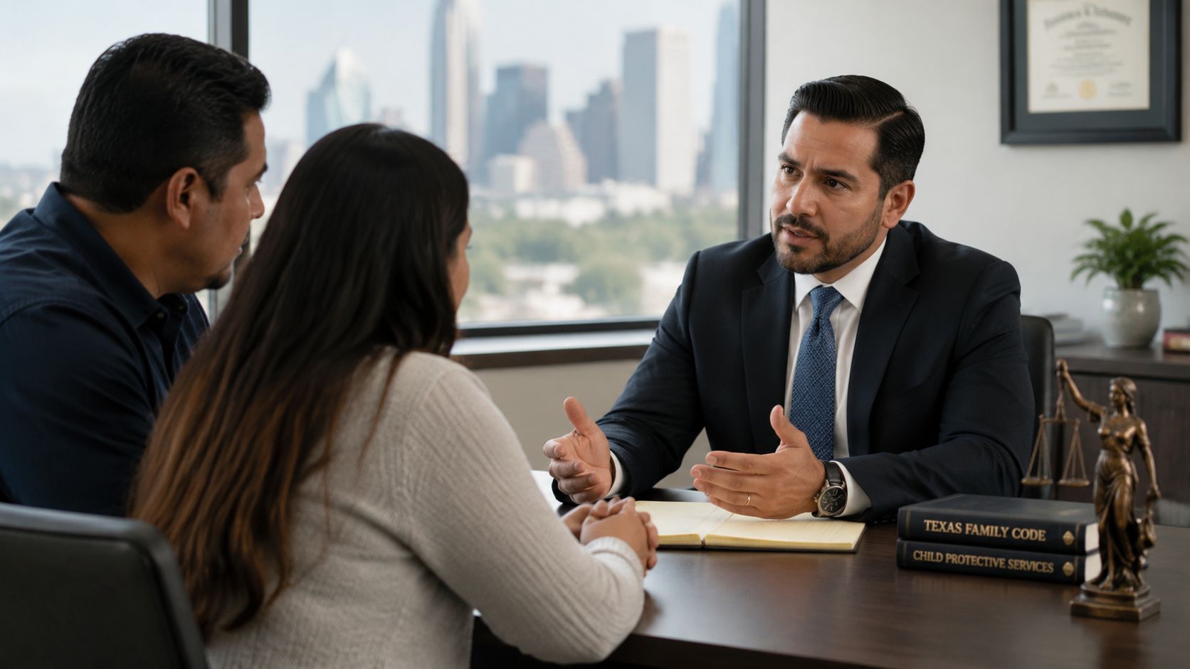 A professional lawyer consults with a couple in an office overlooking the Houston city skyline.