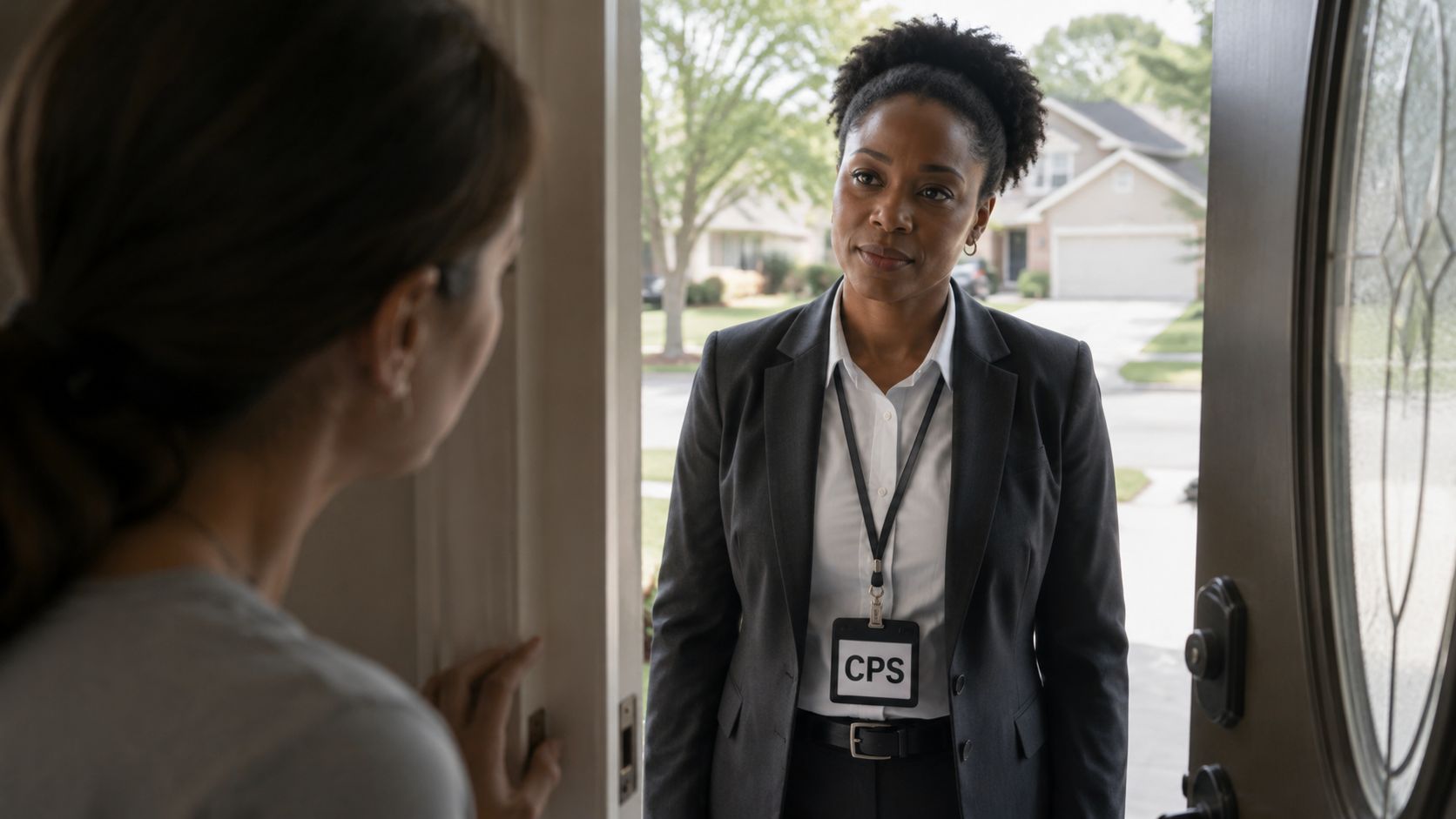 A professional CPS social worker standing at a residential doorway speaking with a homeowner during an investigation.