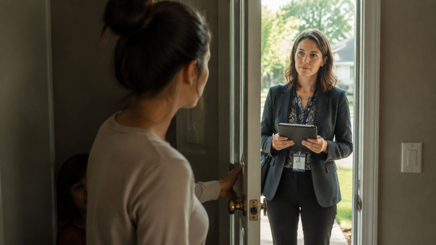 A social worker standing at a front door speaking to a mother with her child behind her.