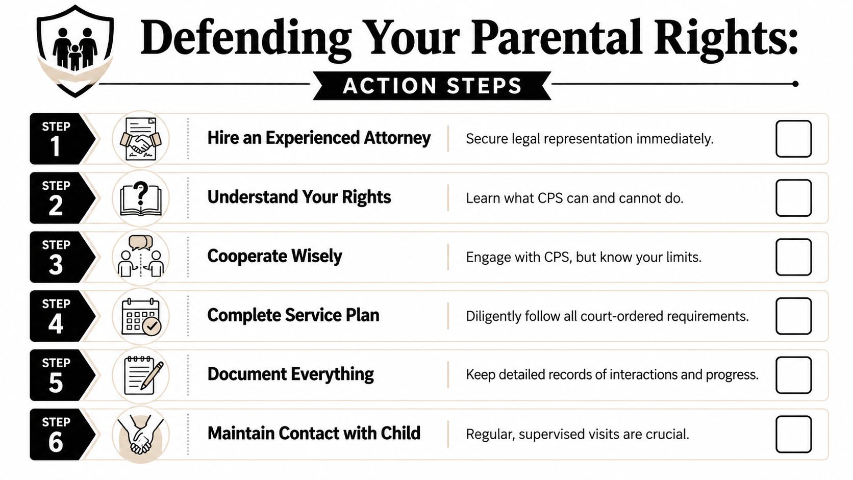 A helpful infographic listing six essential action steps for parents defending their parental rights against CPS intervention.