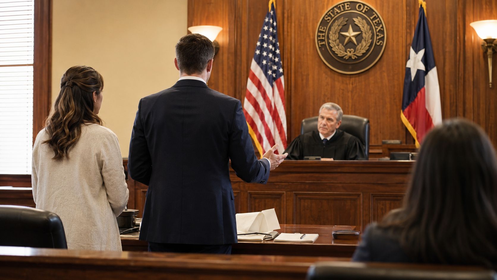 A courtroom scene featuring a judge, a lawyer, and a client discussing a case in Texas.