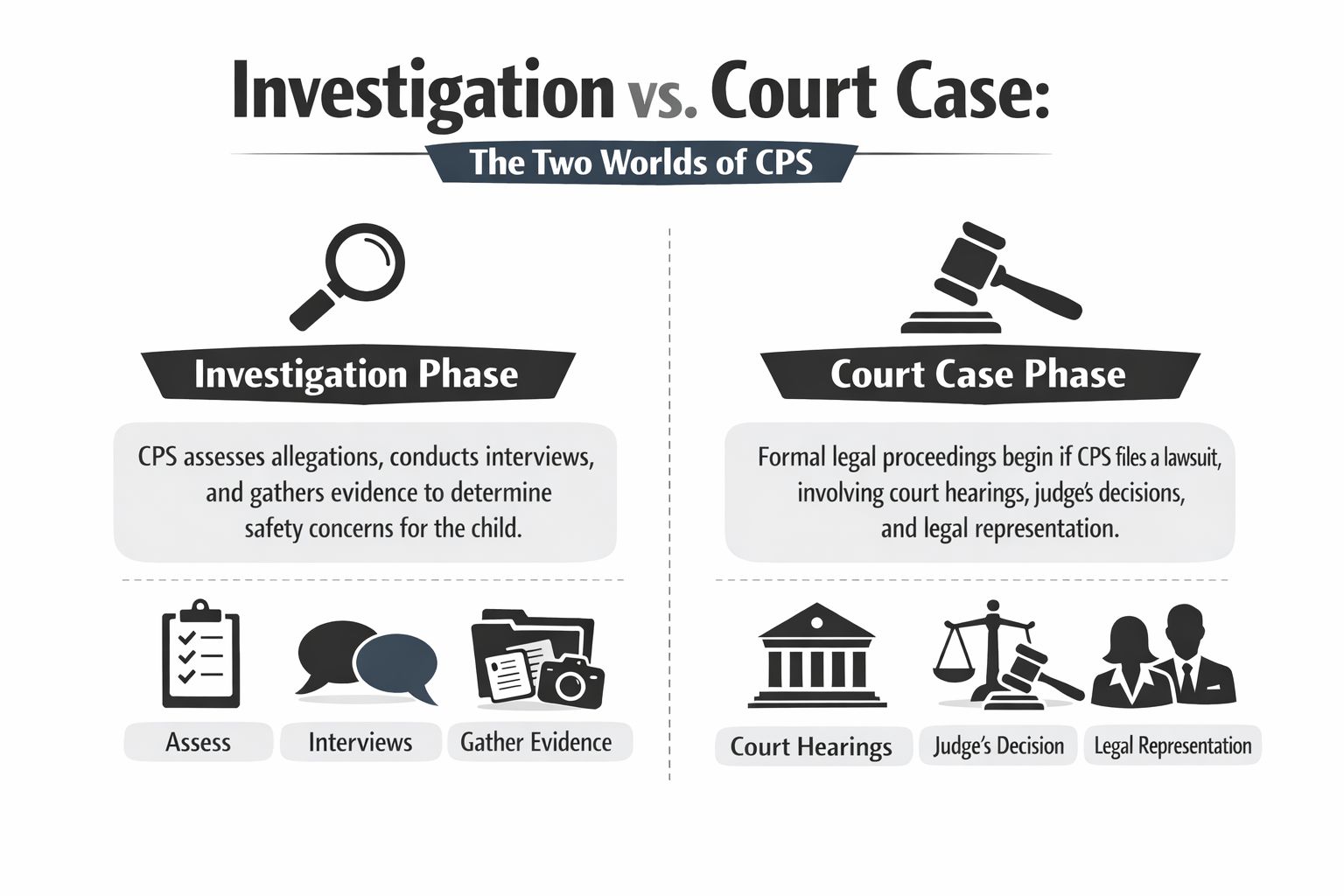 An infographic comparing the Child Protective Services investigation phase against the formal court case phase.