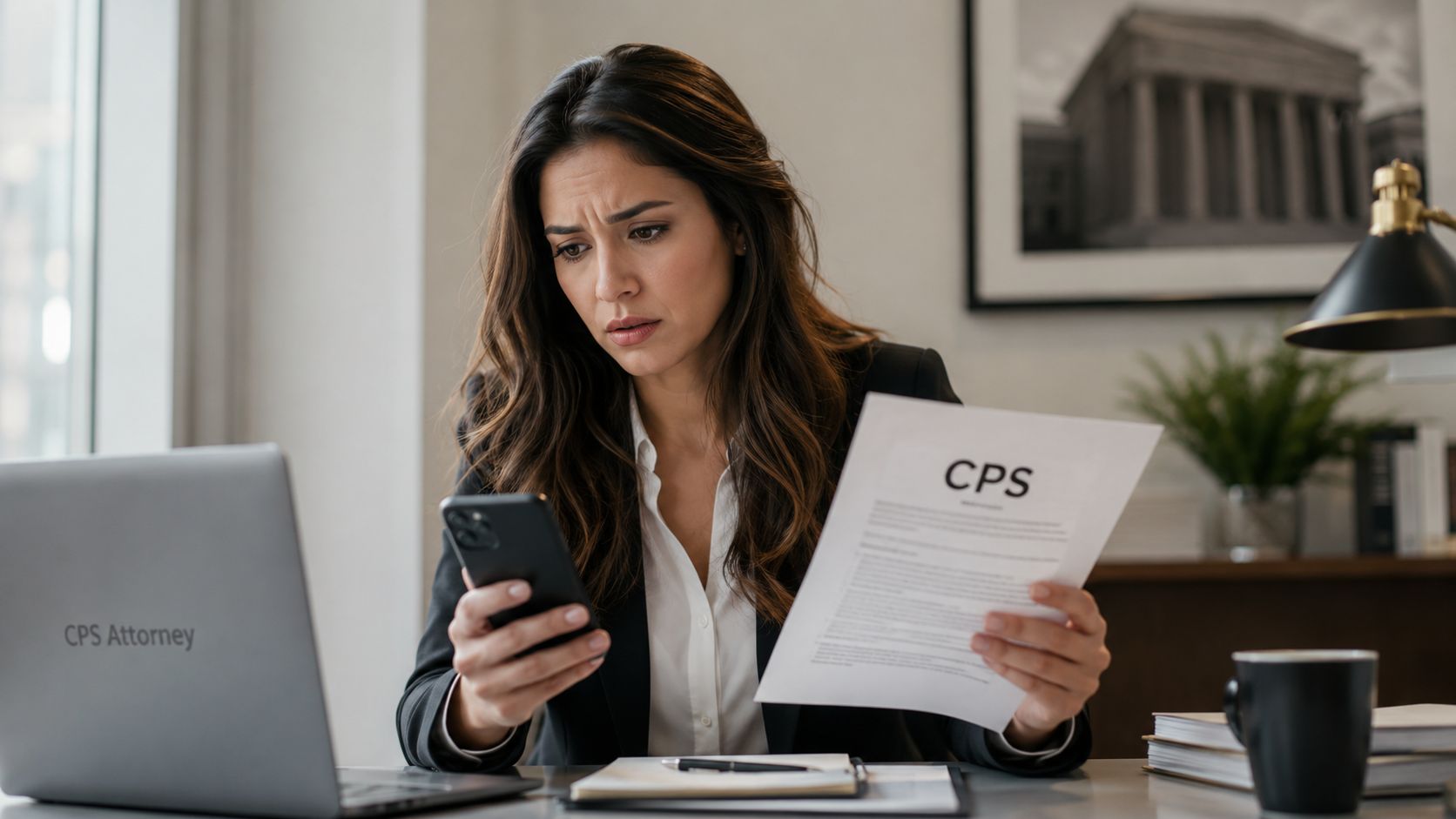 A concerned female attorney reviewing CPS legal documents and checking her smartphone at her office desk.