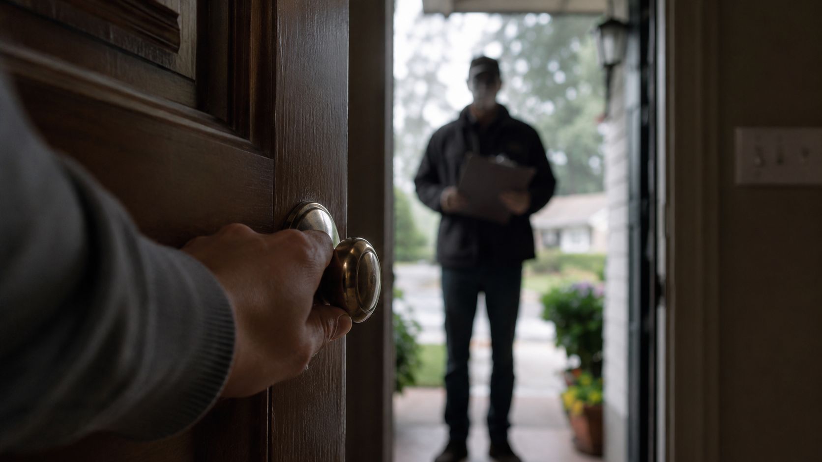 A first-person view of a person opening a door to a delivery person holding a clipboard outside.