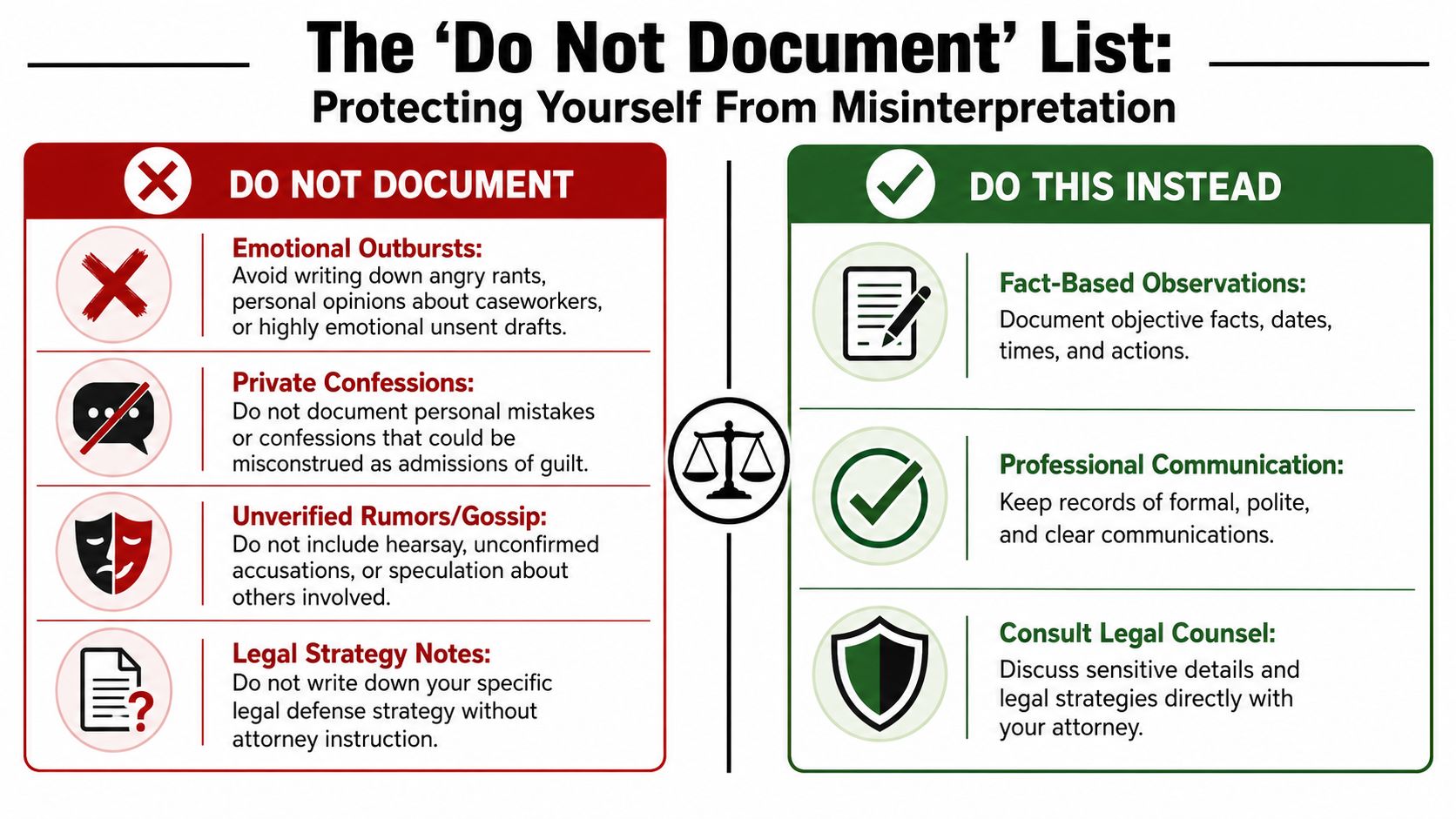 An infographic titled The Do Not Document List, comparing what to avoid documenting versus professional alternatives.