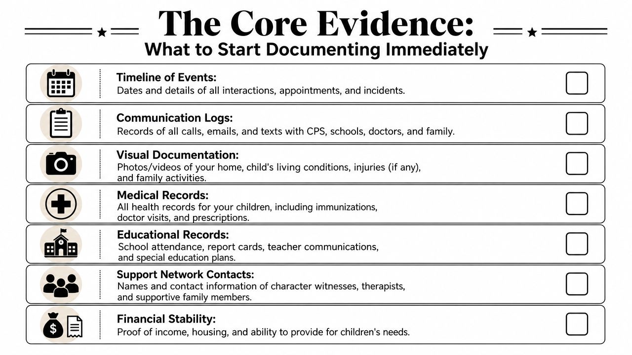 A checklist titled The Core Evidence showing essential documents to gather for child protective services cases.