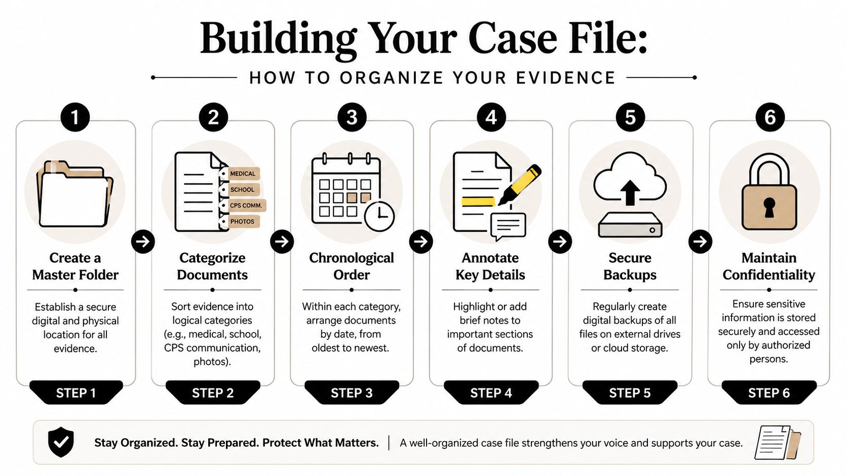 An infographic detailing six steps to organize legal evidence effectively for a case file.