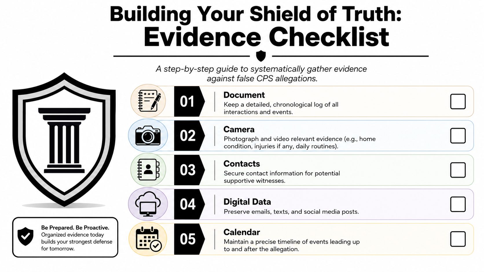 An evidence checklist for handling false CPS allegations, featuring five key steps for proactive defense and preparation.