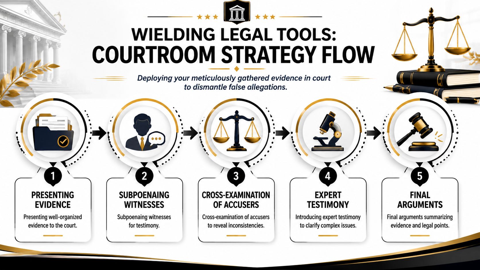 A courtroom strategy flowchart illustrating five key steps for dismantling false allegations in legal cases.