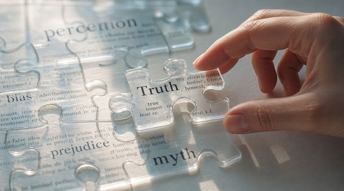 A hand placing a translucent jigsaw puzzle piece labeled Truth among pieces labeled Perception, Bias, Prejudice, and Myth.