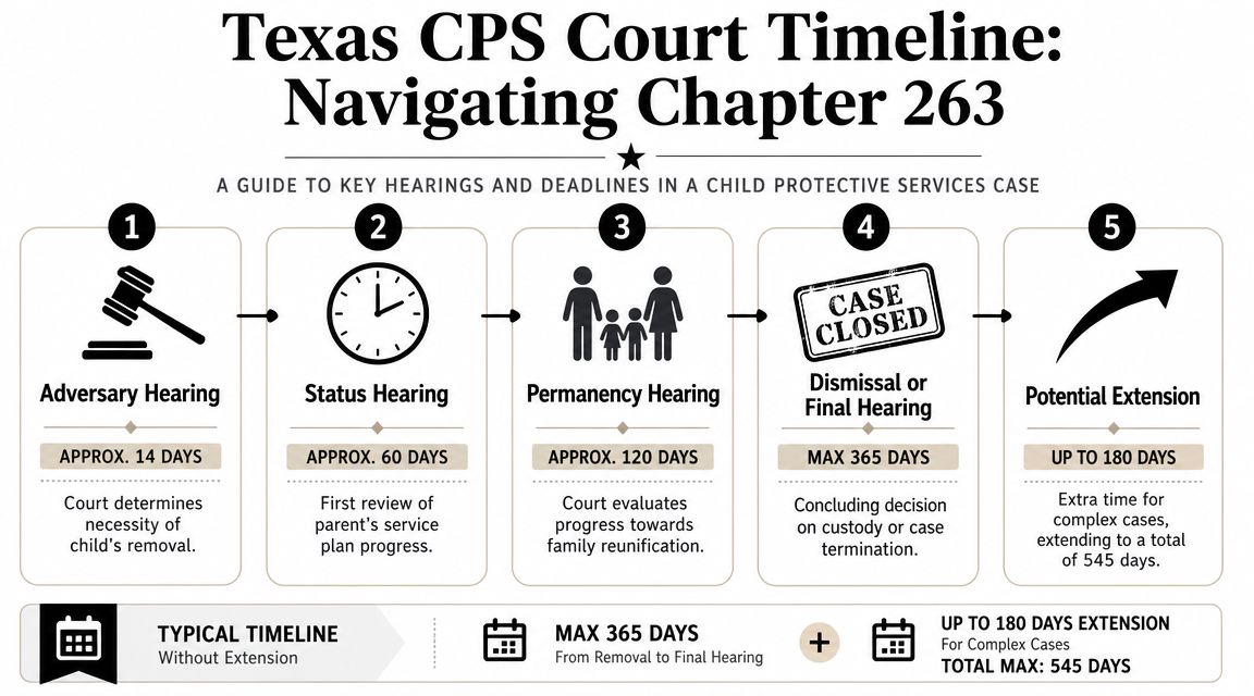 A timeline graphic showing key hearings and legal deadlines for Texas Child Protective Services court cases.