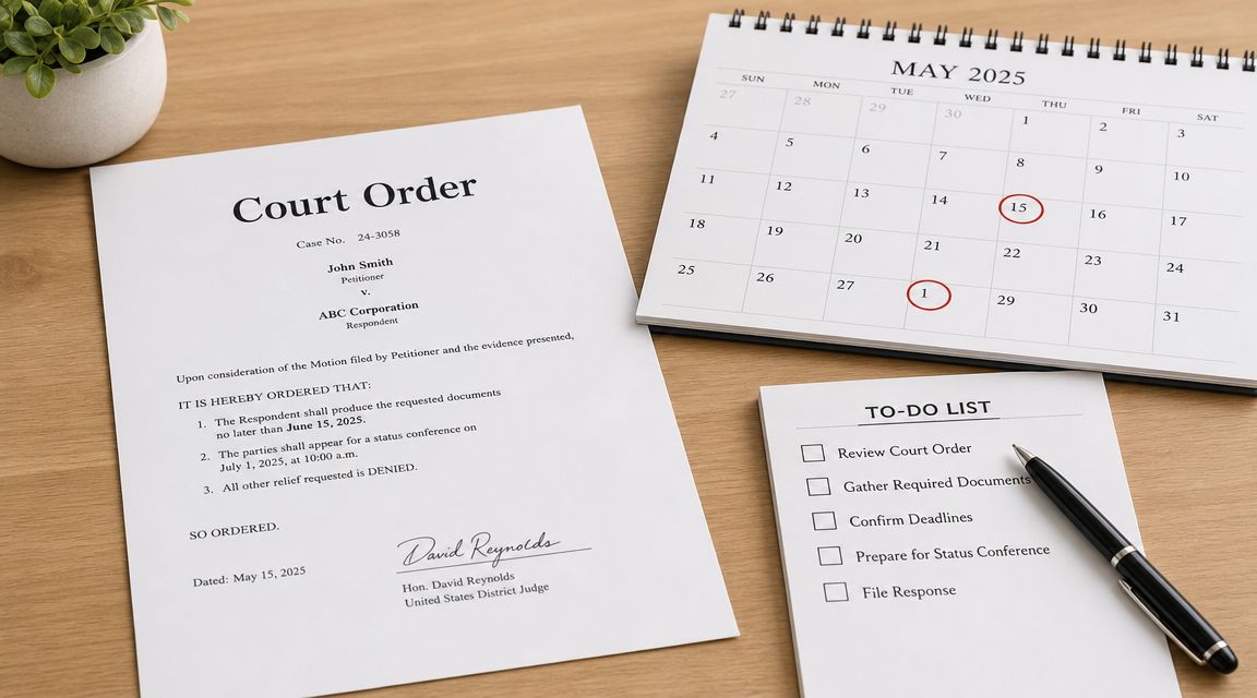 A legal court order document on a desk with a calendar, to-do list, and pen.