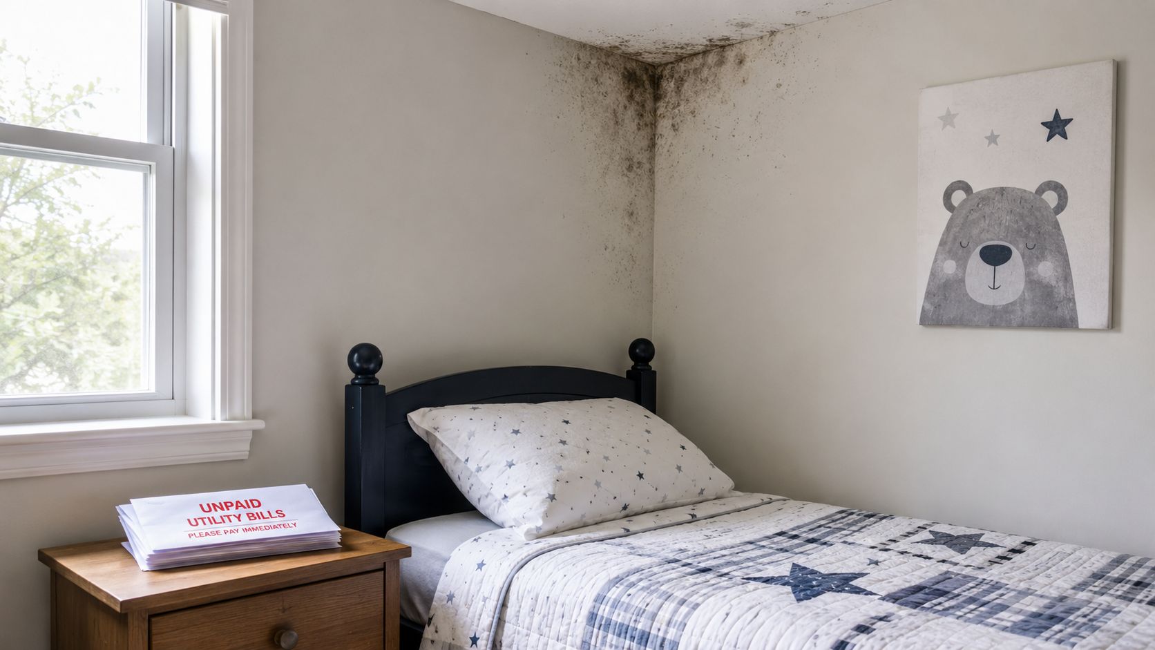 A child's bedroom featuring visible black mold on the corner wall and a stack of unpaid bills.