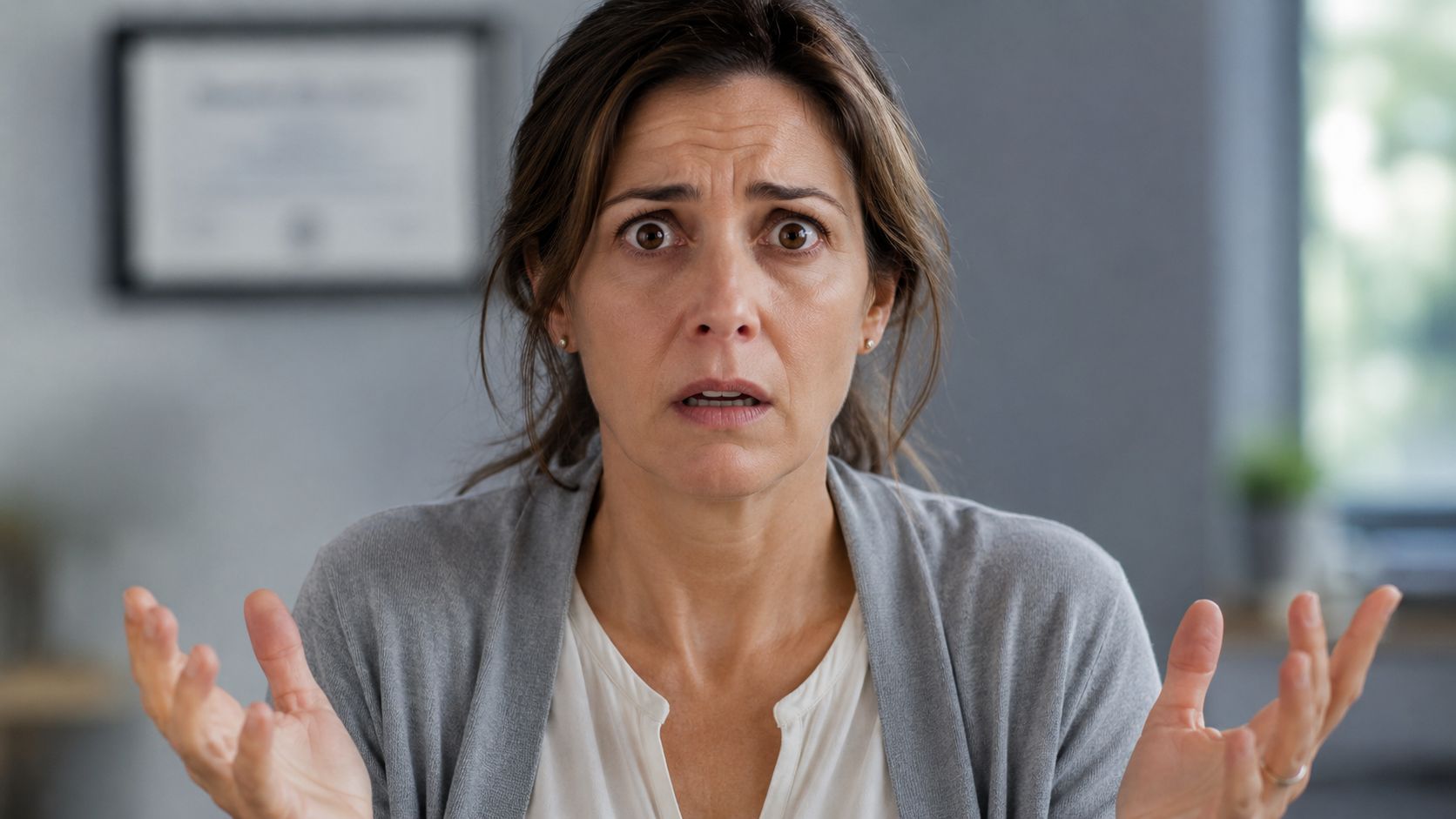 A concerned woman gesturing with her hands while expressing confusion or distress during a discussion.