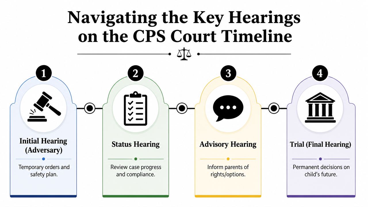 An infographic showing the four key hearings in the CPS court timeline from initial to final trial.