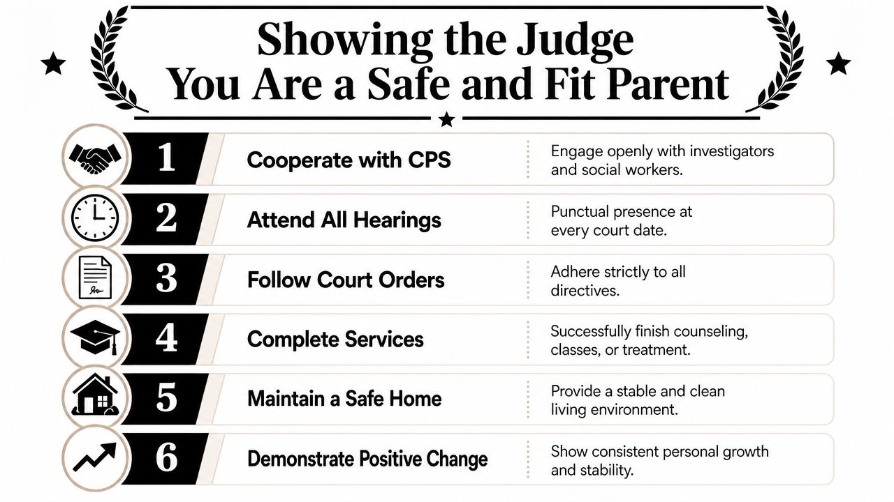 An infographic list showing six steps parents can take to demonstrate fitness to a judge in CPS cases.