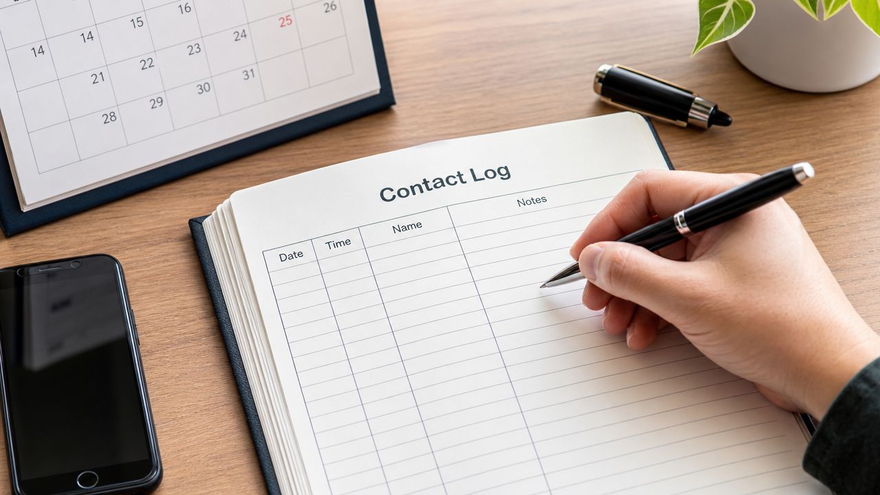 A hand holding a pen over a blank contact log notebook on a wooden desk.