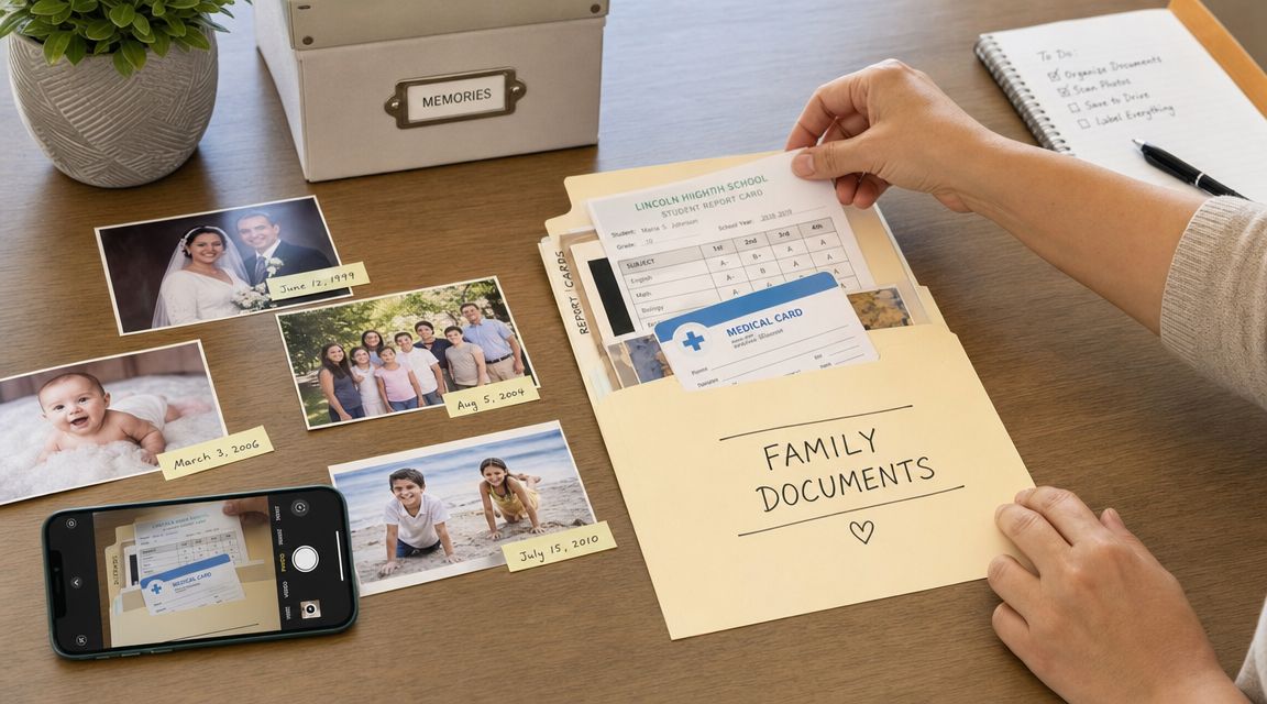 A person organizing personal documents and family photographs on a wooden desk for digital scanning.