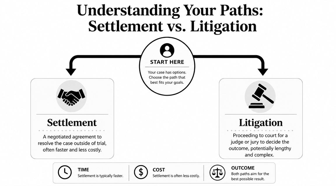 A flow chart illustrating the difference between resolving a legal case through settlement or litigation.