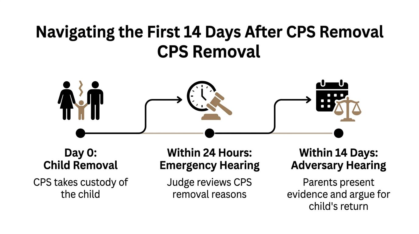 A timeline graphic illustrating the legal steps following a CPS child removal in the first 14 days.