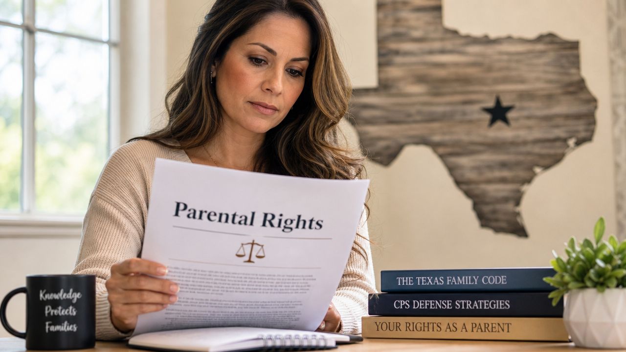 A concerned woman reading a document titled Parental Rights next to books about Texas family law.