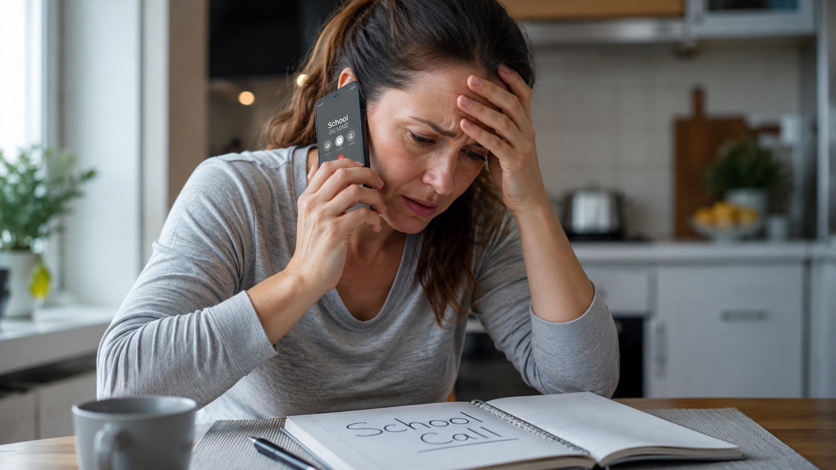 A worried mother holds a phone to her ear while reviewing school notes at a kitchen table.