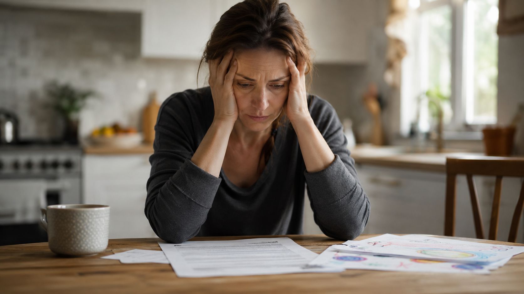 A distressed woman looking overwhelmed at a table with legal papers and children's drawings in a kitchen.