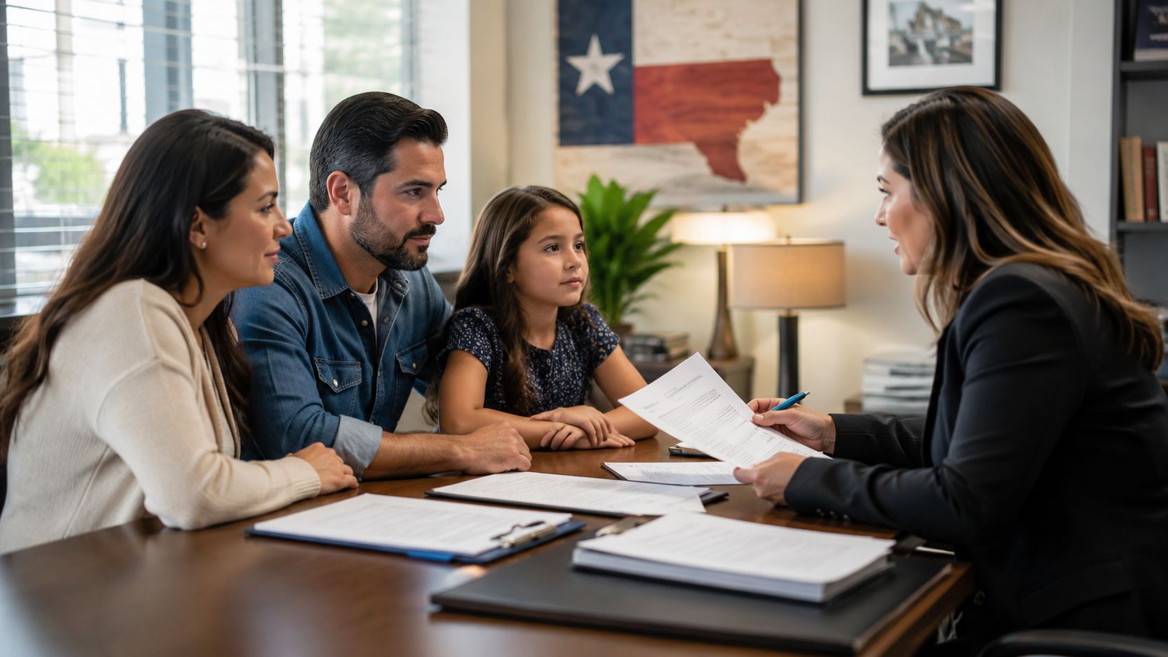 A family meeting with a professional in an office to discuss legal documents or child services.