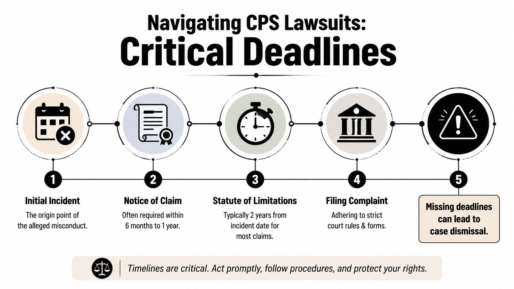 A flowchart infographic outlining the critical legal deadlines for filing a lawsuit against Child Protective Services.