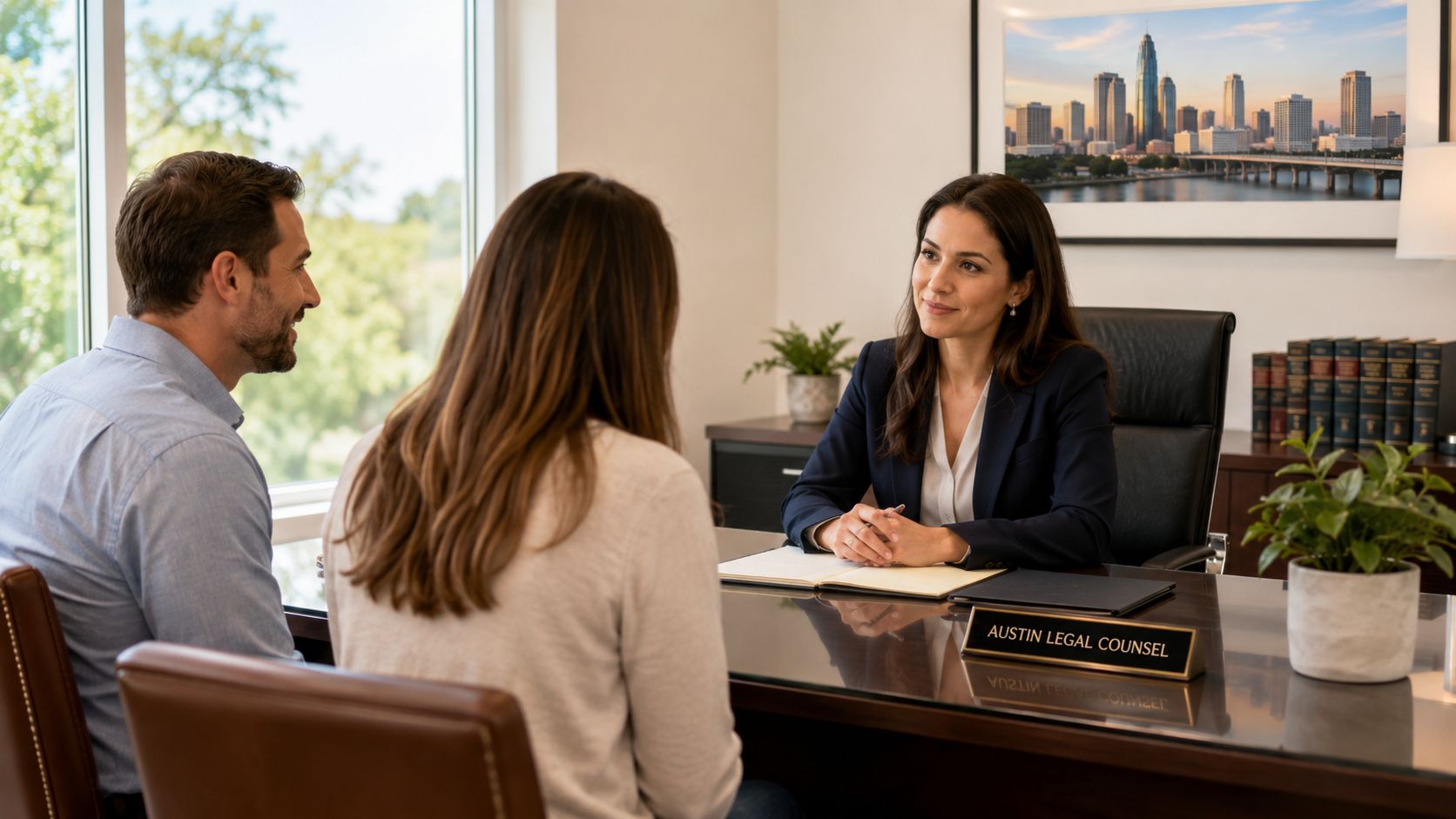 A professional attorney at Austin Legal Counsel consults with a couple in a bright, modern law office.