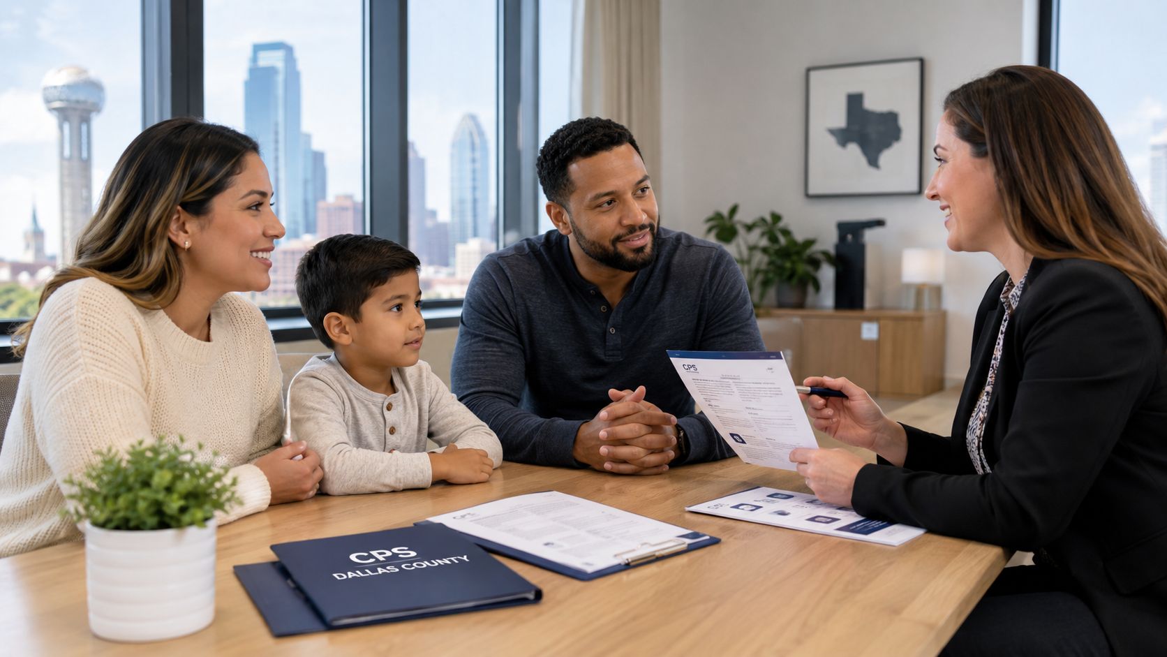 A family of three sitting at a table with a CPS Dallas County representative discussing documents.