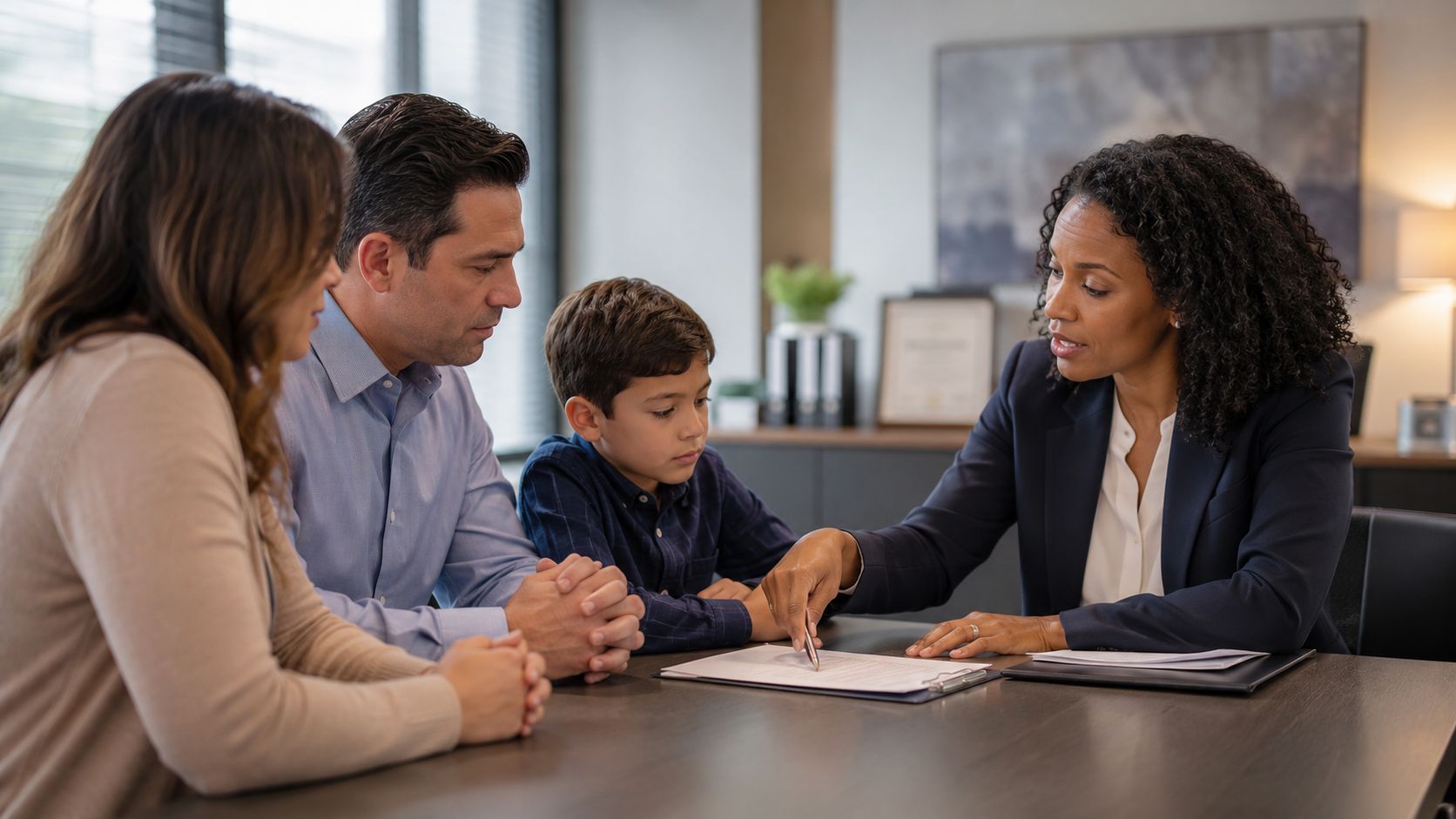A professional attorney explaining legal documents to a family sitting in a modern office meeting room.