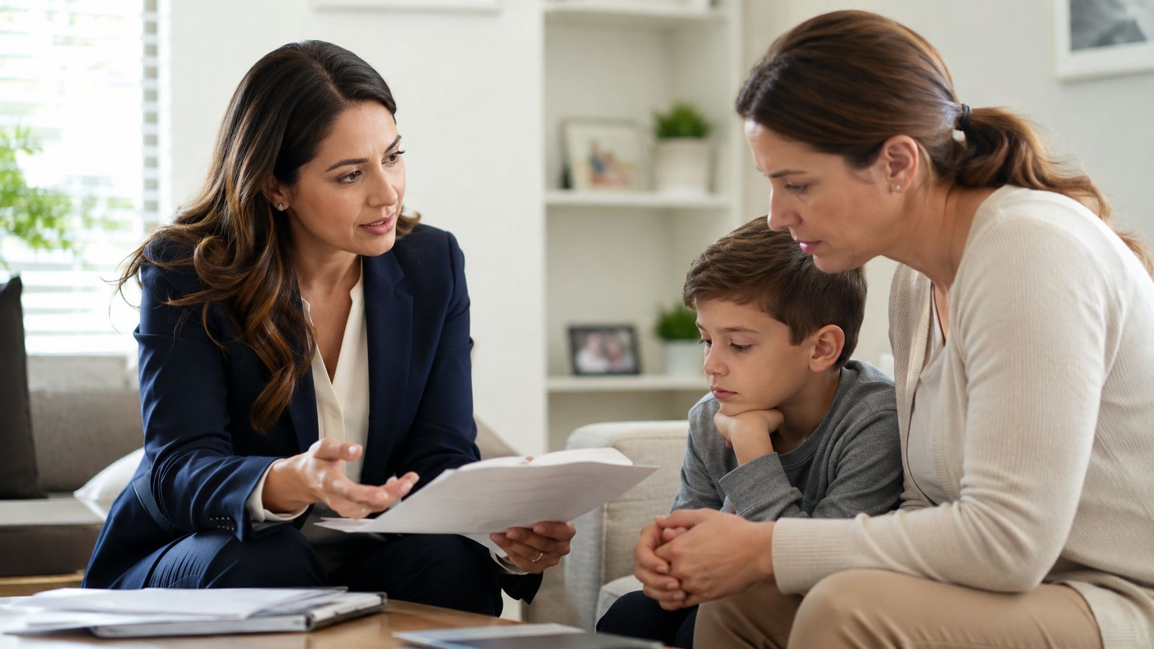 A professional attorney meets with a concerned mother and her young son during a legal consultation.