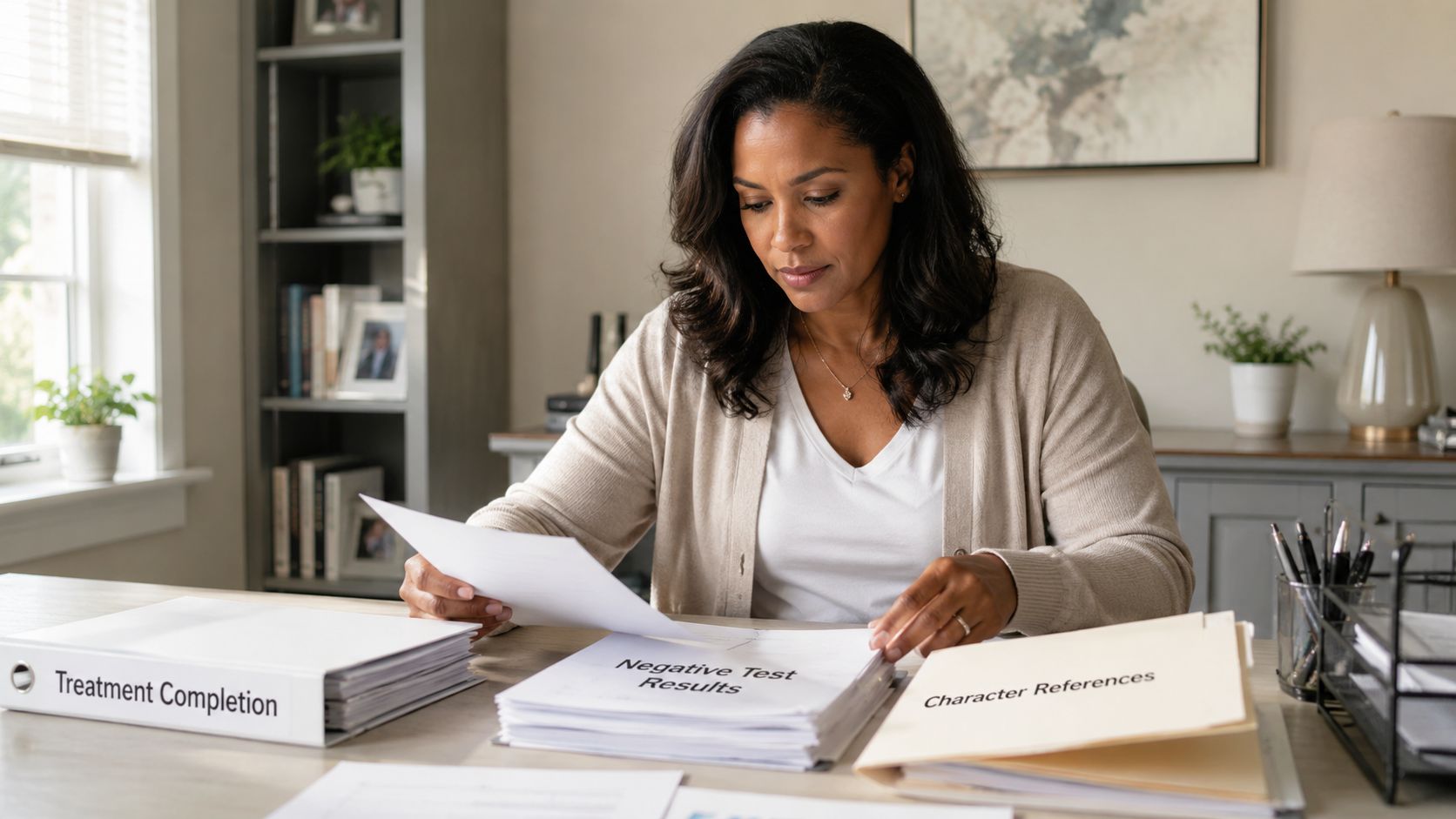 A woman reviewing documents labeled Negative Test Results and Treatment Completion in a home office setting.