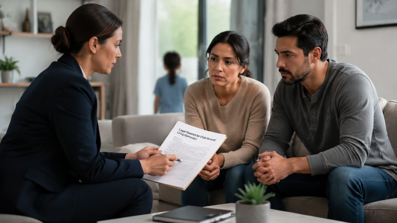 A professional lawyer discusses legal documents with a concerned couple sitting on a sofa during a consultation.