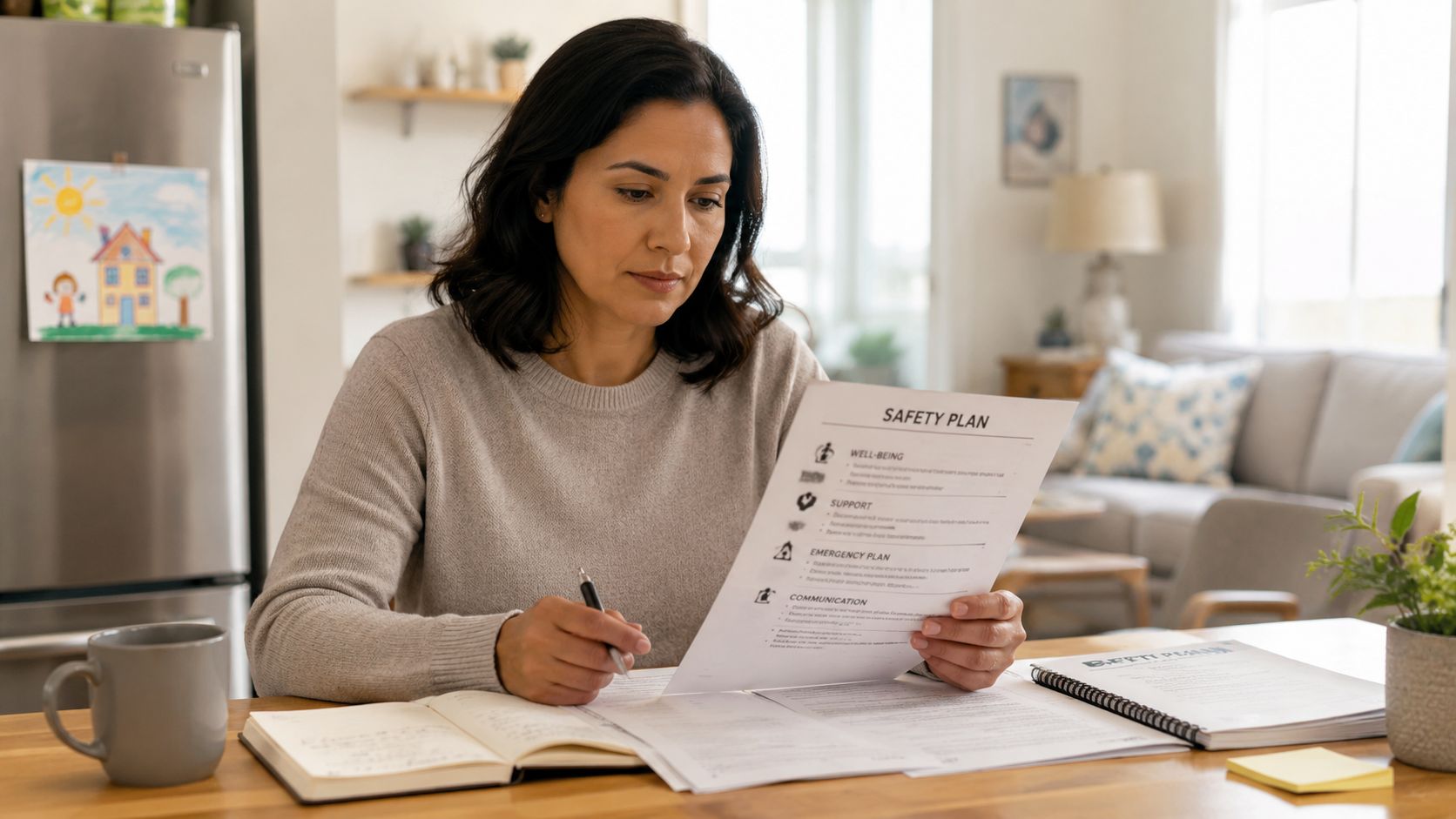 A woman reviewing a safety plan document while sitting at a wooden table in her home.