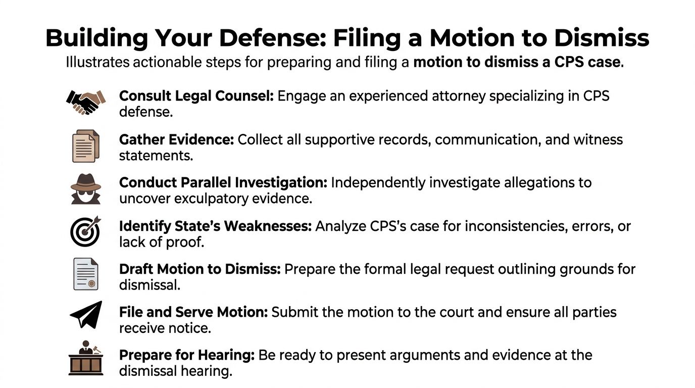 A list of steps for filing a legal motion to dismiss a CPS case with accompanying icons.