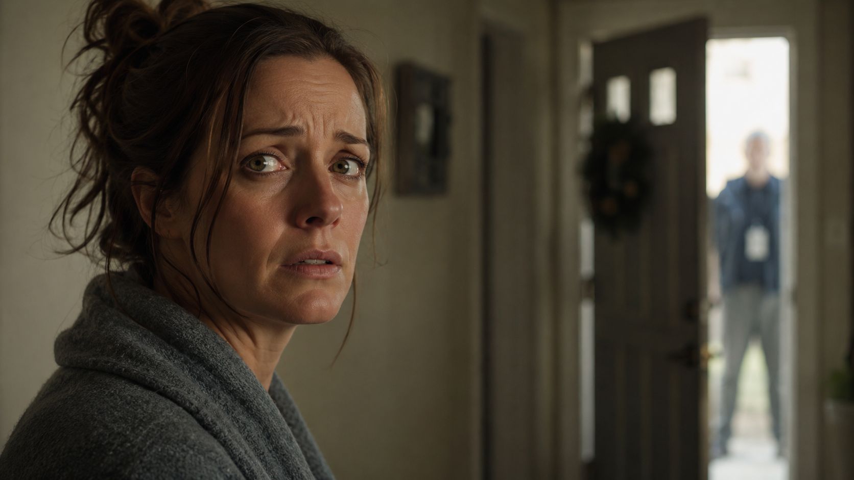 A concerned woman wearing a bathrobe looks back toward an open door where a blurry figure stands.