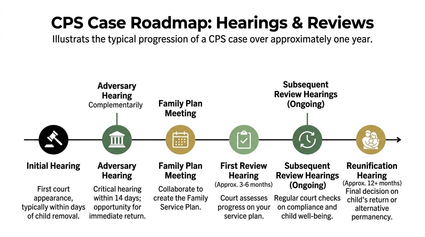 A timeline roadmap illustration detailing the step-by-step hearing and review process for a CPS case.