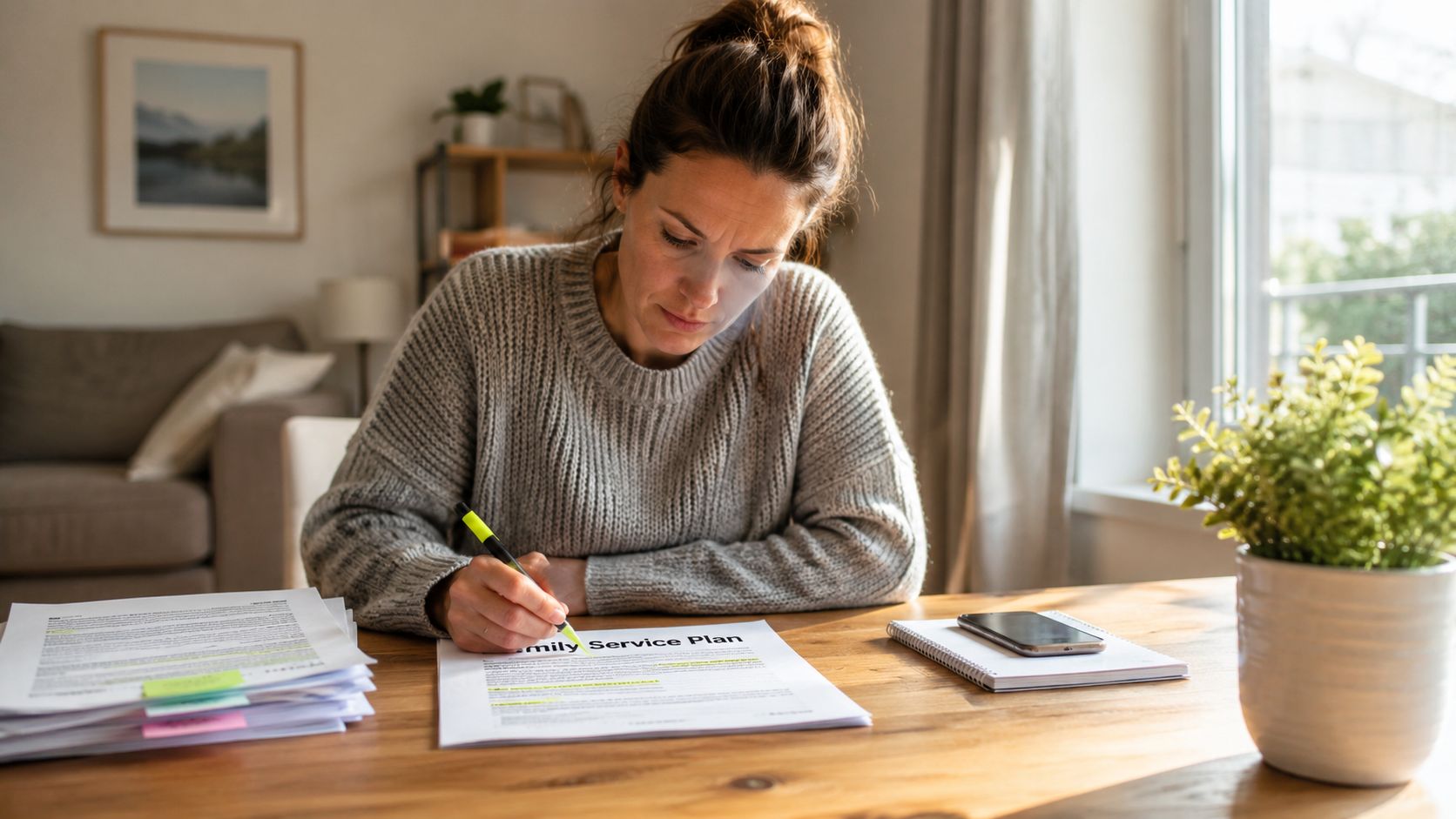 A focused woman sitting at a desk and highlighting text on a Family Service Plan document.