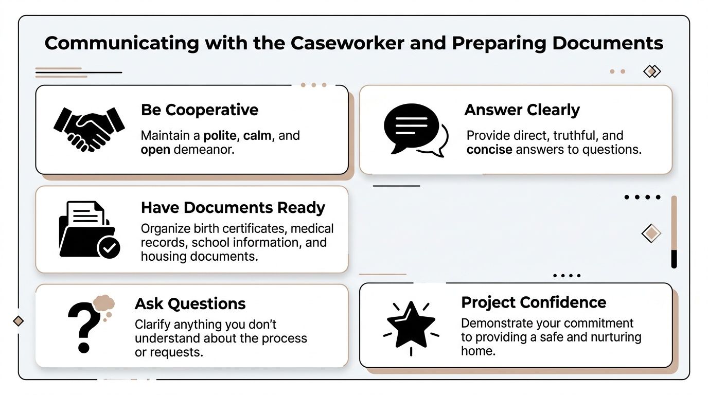 An infographic titled Communicating with the Caseworker, featuring tips for success during child welfare visits.