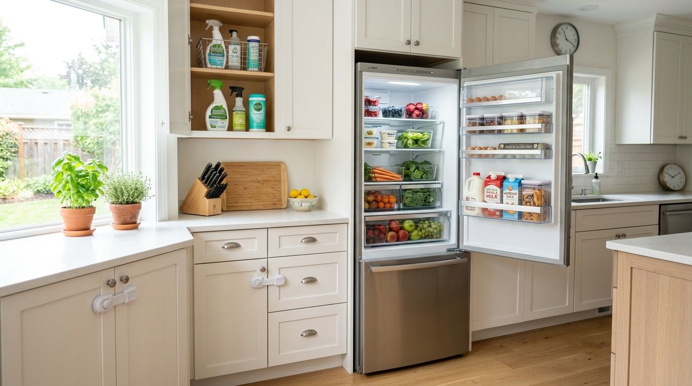 A bright, clean, and organized kitchen with a fully stocked refrigerator, fresh herbs, and child safety locks.