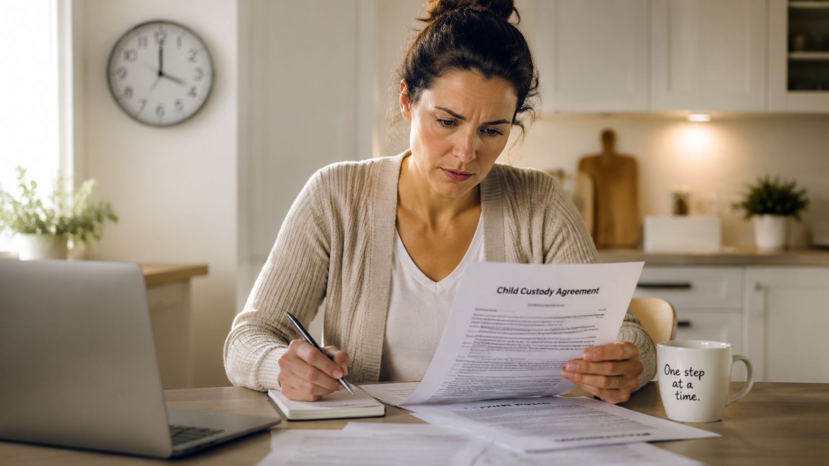 A woman looks concerned while reviewing a child custody agreement at a table with a laptop.