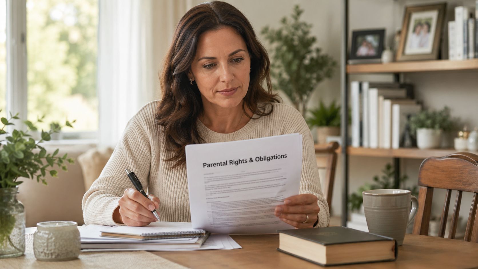 A woman reviewing a document titled Parental Rights and Obligations while sitting at a wooden table.