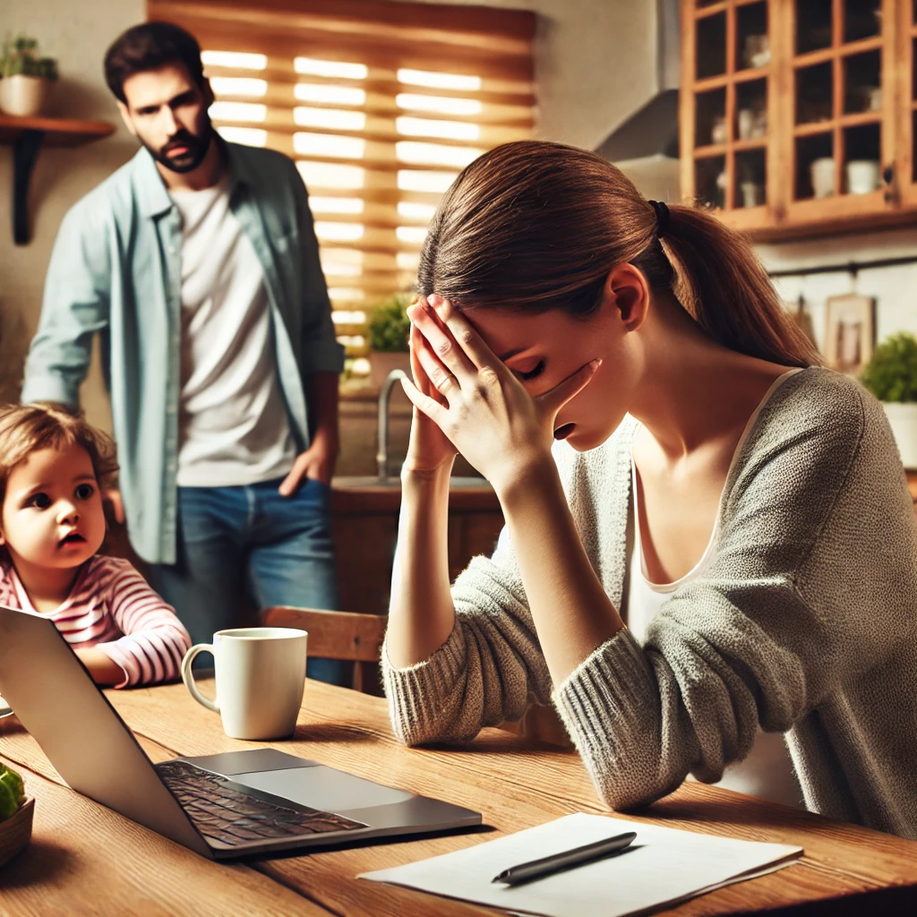 Overwhelmed mother stressed by daily life responsibilities and financial pressure