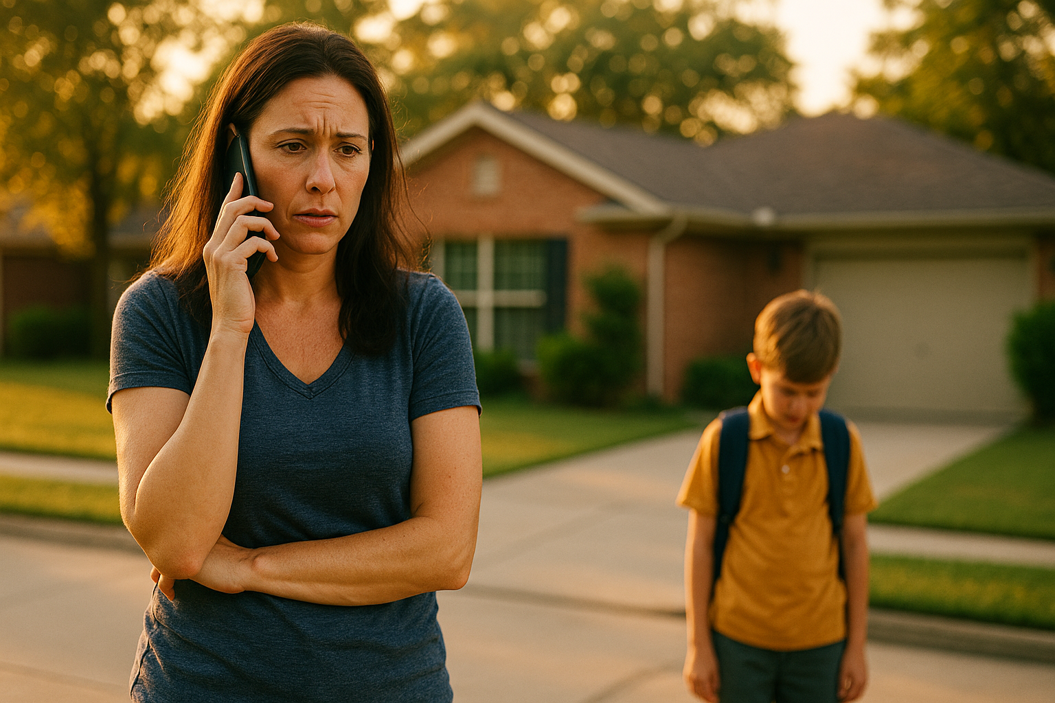 Mother receiving a serious phone call outside her suburban home while her child looks down sadly—capturing the emotional moment when a parent learns about a CPS investigation.